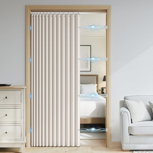 SK Studio Accordion Style Magnetic Folding Door Curtains for Doorways, Room Divider Pleated Drapes with Hooks for Closet, Bedroom, Living Room, 1 Panel, Beige, 32 W x 79 L