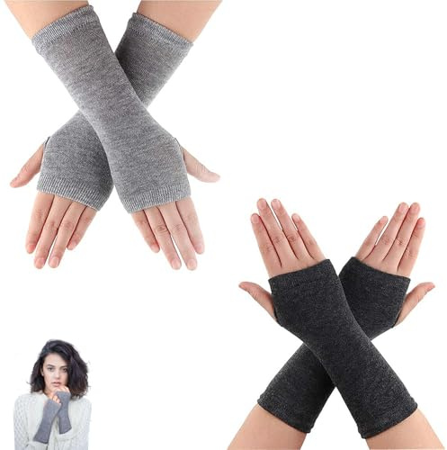 Fingerlose Handschuhe aus Kaschmir, Handgelenkwärmer für Damen, Innenhandschuhe, Weihnachtsgeschenke für Mädchen, Damen, 2 Paar (Schwarz/Hellgrau), Schwarz , One size
