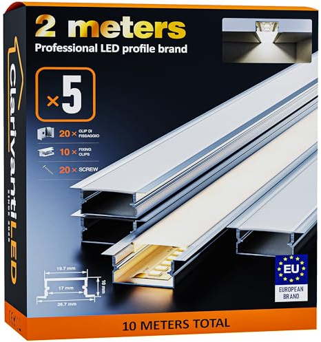 ClarivantiLED LED Profil 2m×5 Aluminium U-Form mit Milchig Weißer Abdeckung Kanal mit Diffusor,Alu Profil LED Streifen Schiene kanalleiste Aluprofil Streifen Profile,lichtkanal led strip aluschiene