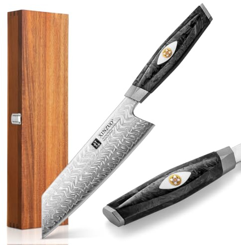 XINZUO Damaststahl 18,7cm Kiritsuke Kochmesser 145 Schichten Damaszener Stahl Küchen scharf Chefmesser -Österreichischer M390 Pulverstahl -Griff aus schwarzem Karbonfaserharz-Akazienholz-Geschenkbox