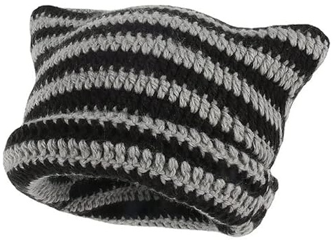 nezababy MüTze Mit Ohren Cat Beanie Cat Hat Gestreifte MüTze Mit Katzenohren HäKelmüTze Y2k Grunge Accessoires