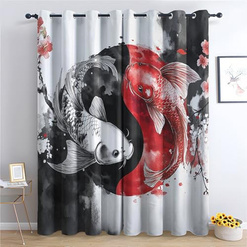 Luxfieo Japanisch Vorhänge Yin Yang Koi Fisch Asiatische Vorhang Blickdicht Gardinen Verdunklungsvorhänge mit Ösen Thermovorhang für Wohnzimmer Schlafzimmer Fenster Deko 2er Set H 160 x B 132 cm