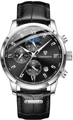 LIGE Herrenuhr Retro Lederarmband Uhr Herren 3ATM wasserdichte Men Watch Vintage Armbanduhr Analog Leuchtend Mondphasen Design Armbanduhren Chronograph Herrenuhren mit Datum