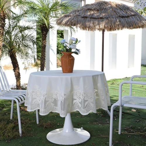 Weiß Spitze Tischdecke Rund 130cm, Outdoor Gartentischdecke Wetterfest, PVC Plastiktischdecke Wachstuchtischdecke Wasserabweisend für Esszimmer, Balkon, Garten