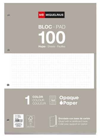 Miquelrius - Nachfüllblock A4 mit karierten Blättern 5x5 mm, 100 Blatt, 90 g/m², Mit Standardlochung für Ringordner, Schulmaterial, Farbe Grau