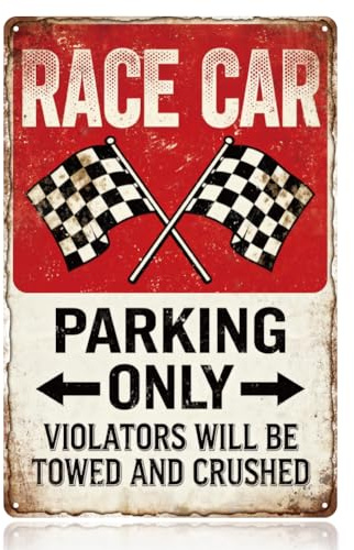 WADORN Race Car Vintage Metal Tin Sign, 12x8 Inch Funny Parking Only Sign Violators Will Be Towed and Crushed Retro Art Race Car Wall Poster Decor Gifts Plaque for Man Cave Garage Bars Cafe Pubs