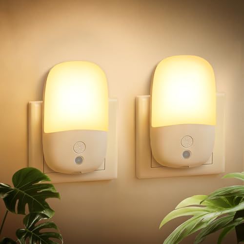 echosari Nachtlicht Steckdose mit Dämmerungssensor, 2 Stück LED Nachtlicht mit Helligkeit Dimmbare, ON/OFF/AUTO Modi, 2700K WarmWeiß Steckdosenlicht für Kinder, Treppe, Flur, Schlafzimmer, Küche