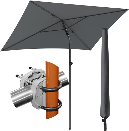 Menz Sonnenschirm Balkon - 3-IN-1 Sonnenschutz Balkon SET in Anthrazit, UPF 50+ Sonnenschirm rechteckig 200 x 125cm + Sonnenschirmhalter Balkongeländer + Sonnenschirmhülle