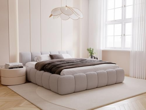 GRAINGOLD Cloud Low Bett, Polsterbett mit Bettkasten, Polsterbett mit Stauraum, Bouclé-Stoff, mit Lattenrost, mit Kopfteil, ohne Matratze (Grau, 140x200)