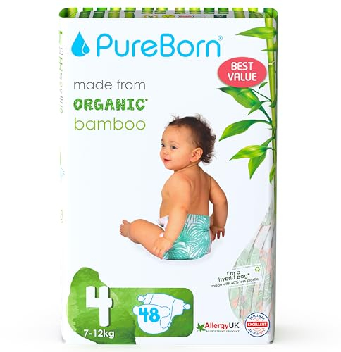 PureBorn 48 Windeln Größe 4 (7-12 kg), Ultra-Saugfähig, Hypoallergen, Weich & Sanft für Babys (7-12 Monate), Dermatologisch Getestet, Auslaufsicher, Umweltfreundlich aus Bambus