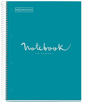 Miquelrius - Notizbuch A4 Notebook, 1 farbiger Streifen, 80 Blatt mit raster 5 x 5 mm, Papier 90 g/m² mikroperforiert mit 4 Bohrungen für 4 Ringe, Einband aus Karton, Farbe Formentera Blau