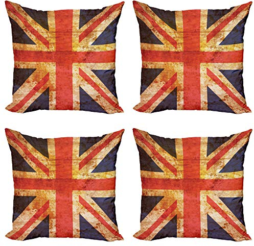 ABAKUHAUS England Dekokissen Kissenbezug 4er Pack, Union Jack Motiv Grunge, Modern Accent Doppelseitiger Digitaldruck, 45 x 45 cm, Nachtblau Zinnoberrot