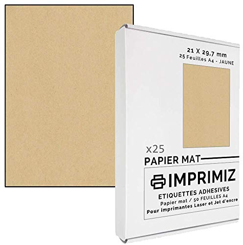 25 etiquetas adhesivas A4 – Kraft natural de 210 x 297 mm – 1 etiqueta/hoja – para impresión láser y inyección de tinta – 25 láminas de papel adhesivo color A4