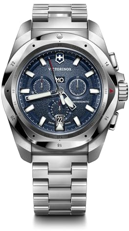 Victorinox Herren Armbanduhr I.N.O.X. Chrono Ø 43 mm, Swiss Made, Analog Quarz, Wasserdicht bis 200 m, Edelstahl-Armband, Silber/Blau
