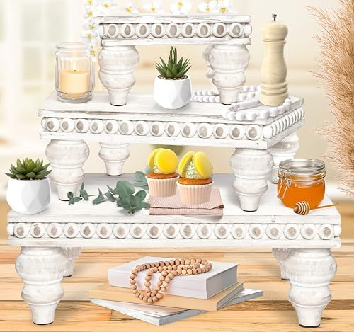 Decorative Tray [Set of 3] Wooden Tiered Tray Stand Display Risers - Tiered Tray Decor for Tabletop Use, Kitchen Island, Coffee Bar - Wood Risers, Beaded Pedestal Stand Farmhouse Kitchen Decor (White)