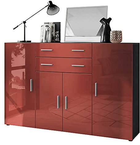 Vladon Highboard Aron Anrichte mit 2 Schubladen und 4 Türen mit insgesamt 8 Fächer dahinter, Anthrazit matt/Bordeaux Hochglanz (166,5 x 106,5 x 35 cm)