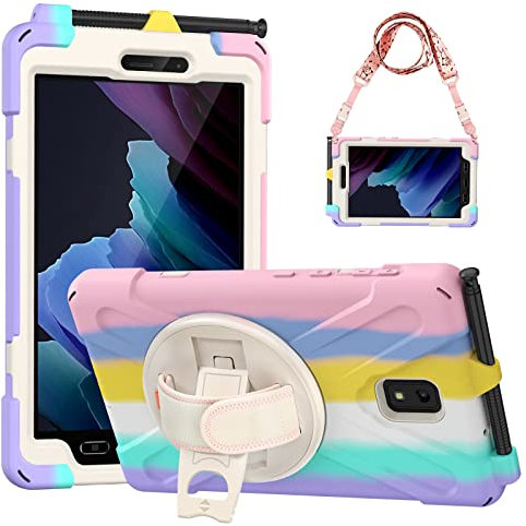 Gerutek Coque pour Samsung Tab Active 3 8 - Résistante aux chocs - SM-T570/T575/T577 - Avec porte-stylo, support rotatif à 360° - Housse de protection pour Galaxy Tab Active 3, arc-en-ciel