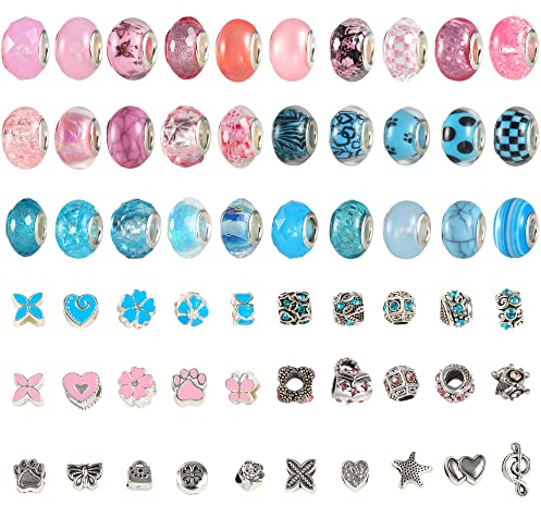 Großen Löchern Perlen Zum Auffädeln, 60 Stück Runde Groß Glasperlen Set für Schmuckherstellung Charm Armbänder DIY, Perlen zum Auffädeln Geschenke für Mädchen Kinder Freundschaft (Rosa/Blau)
