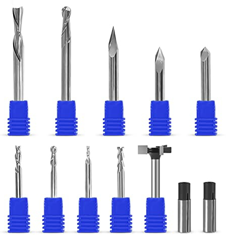 IDC WoodCraft Complete Set of Essential CNC Router Bit Set Kit, 9 Router bits with 1/4inch Shank, 2 Reducing Collets, 1 Surfacing bits, V Groove Engraving Solid Carbide,Complete CNC Router Bit Set