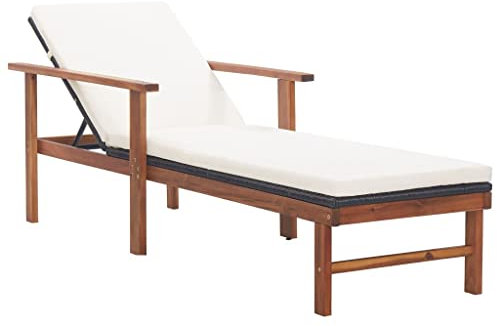 Sonnenliege mit Auflage & Armlehne, Gartenliege Relaxliege mit verstellbarem Rückenlehne, Liegestuhl aus PE-Rattan und Massivholz, Gartenliegestuhl Gartenstuhl Rollliege für Terrasse Balkon, Schwarz