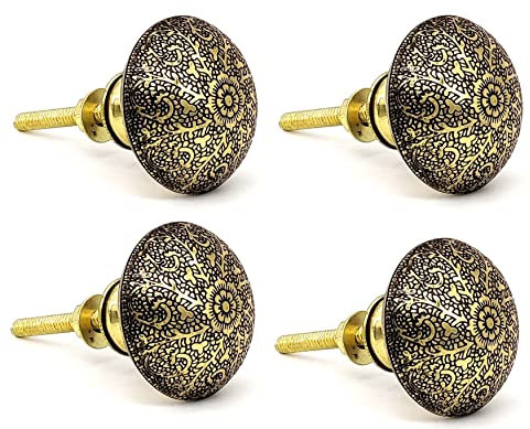 5MOONSUN5 4 Pack Antique Brass Kitchen Cabinet Knobs Pulls, Antique Gold Round Vintage Dresser Drawer Handles for Bedroom Cupboard Door, Weathered Gold Victorian Floral Pattern (Set of 4)