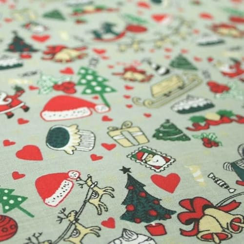 Grau Mix 3 Designs Festlich Weihnachten Xmas Bedrucktes Polyester-Baumwollgewebe Polycotton (1 Meter, Weihnachtsmann Schlitten 5017)