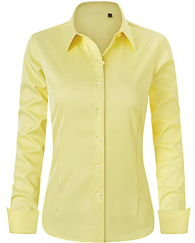 J.VER Womens Shirts Long Sleeve Stretch Dress Fitted Shirt Yellow Business Casual Work Office Tops Fashion Ladies Blouses Shirts L