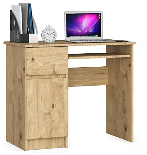 AKORD Piksel Schreibtisch Klein mit Schubladen | Computertisch | Bürotisch mit Tastaturablage | Schublade und Fach mit Tür | B90 x H77 x T50 cm | 30 kg | Schrank Links Farbe: Kunsthandwerkliche Eiche