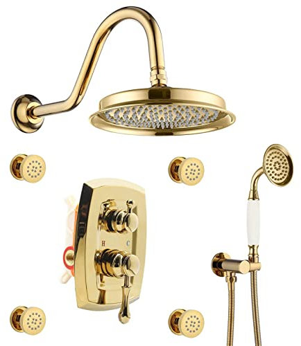 XJTNLB Grifo Ducha Empotrado Dorado Columna Ducha Monomando con Ducha Alcachofa, Sistema de Ducha con 4 Rociadores de Cuerpo