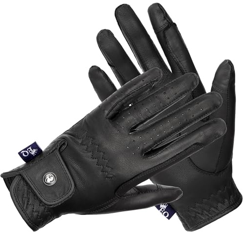 EQUESTRIAN QUEEN Reithandschuhe Leder Touchscreen – Atmungsaktive, natürliche Lederhandschuhe mit Verstärkung, Perfekter Grip & Touch-Funktion - Mauritius (Schwarz, M)