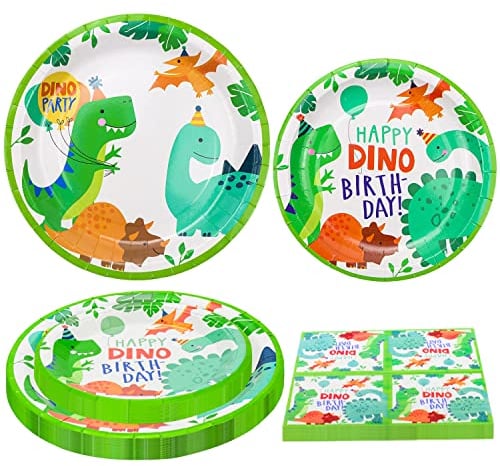Inspireyee 120 Piezas de Dinosaurios Juego de Vajilla Dino Feliz Cumpleaños Platos Dinosaurio Platos Dino Tazas Servilletas Dino T-Rex 40 Persona Juego de Decoración para Fiestas