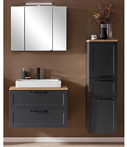 Lomadox Badmöbelset Badezimmer in dunkelgrau, mit Waschtisch 80 cm mit Kermaik-Aufsatzbecken Spiegelschrank Midischrank, B/H/T ca. 140/200/47 cm