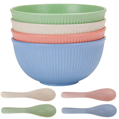 CSYY 4 Stück Müslischalen und Löffel, 26 OZ Suppenschüssel Groß Unzerbrechliche Kunststoff Schale, Salatschalen Pastaschalen Leicht Geschirr Obst Snack Behälter Camping Schüssel