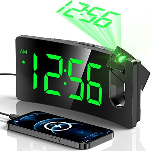 Projection Alarm Clock, Digital Clock with 180° Rotating Projector, 3-Level Brightness Dimmer, Clear LED Display, USB Charger, Progressive Volume, 9-Minute Snooze