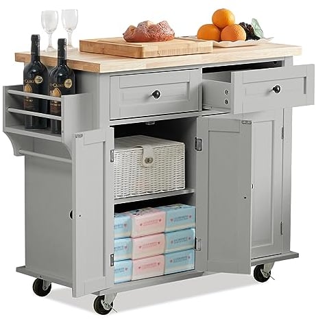 Warmiehomy Kitchen Island on Wheels Large Kitchen Trolleys with Storage Cabinet, 360°Casters, 4 Shelves and 2 Drawers, Mobile Utility Kitchen Storage Islands & Carts, 110 * 45 * 82CM (Grey)
