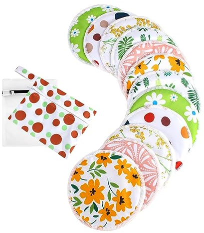 Kamozimi Coppette per allattamento in bambù (confezione da 12) + borsa per la biancheria e borsa da viaggio, assorbenti lavabili e riutilizzabili per allattamento (delicato, grande, 11,9 cm)