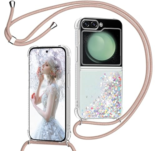 Cover per Samsung Galaxy Z Flip 5 con Cordino, Custodia Brillantini Liquido con Collana Trasparente Ultra Sottile Silicone Antiurto Protettivo Sabbie Mobili Case per Cellulare Cordoncino, Oro Rosa