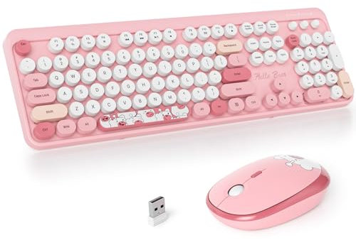 Fogruaden Combo de teclado y mouse inalámbricos, teclado retro rosa para máquina de escribir, teclado redondo de tamaño completo de 2.4 GHz, lindo teclado de computadora con teclado numérico, teclado
