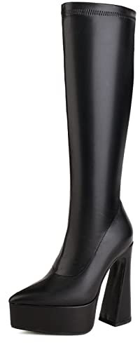 Lroey Reoly Stivali Alti Al Ginocchio da Donna con Tacco Largo, Stivali da Vestito Appuntito Tacco Alto Stivali Alti Senza Chiusura con Plateau, J2624Ms Nero Numero 35 EU