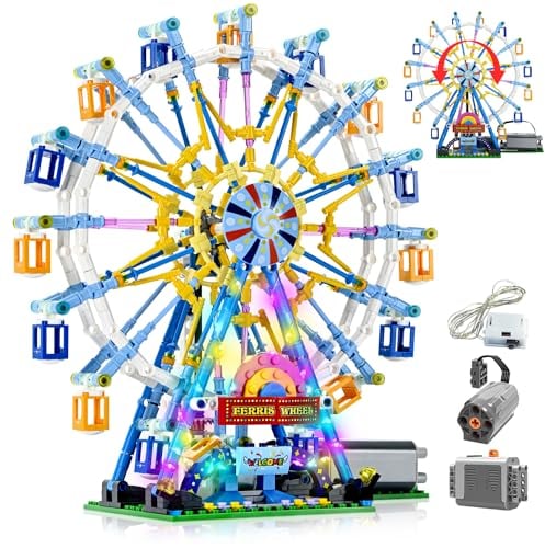 Rotating Ferris Wheel Building Blocks Set Toys with Lighting Kit, Adult Architecture Sets, Construction Toys, Carnival Amusement Park Kits, Gift for 9, 10,11, 12 Year Kids Boys& Girls (813pcs)