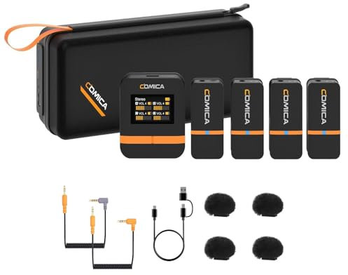 Comica Vimo Q kabelloses Lavalier-Mikrofonsystem mit 4 Sendern und 1 Empfänger, 4 Audiospuren, 656 Fuß Reichweite, Geräuschunterdrückung, Mikrofon für Kamera, iPhone, Android