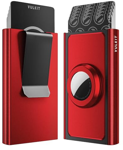 VULKIT Porte Carte Bancaire Automatique RFID Blocage avec Porte-Airtag et Pince à Billets, Porte-Cartes de Crédit en Aluminium Anti-Piratage pour Homme, Rouge