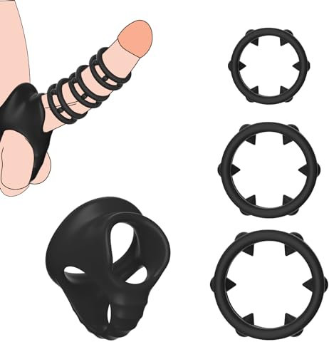 AMZII 4er Penisring Sex Toyset Herren,3 CBT Hodenstrecker Ballstretcher(mit 6 Spikes) + Hodenringe für den Mann,Cockringe Extrem Silikon Penisringe Cockring,Keuschheitsgürtel für Herren Sklavin