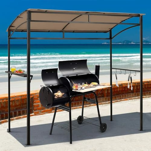 Moccha 7x4.4ft Grill Gazebo, Outdoor BBQ Gazebo with Storage Shelf, Hanging Hooks, Beer Opening Setting, Heavy-Duty Metal Frame, Grill Canopy Tent Sunshade Awning for Backyard, Patio, Garden, Brown