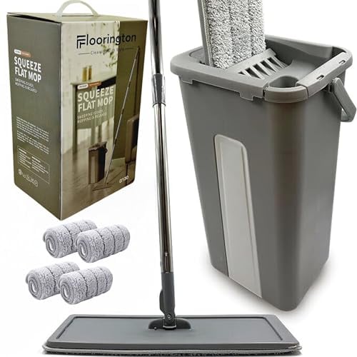FLOORINGTON Floor Mop and Bucket Set Easy Flash Speed Mop with Squeeze Bucket Flat Mop for Floor Cleaning Includes 4 Washable Microfiber Pads, 2 Free Cleaning Cloths SM11