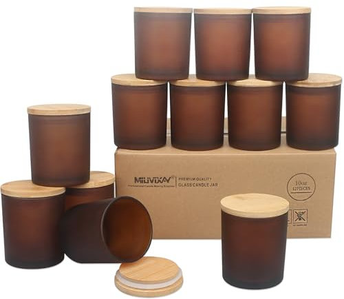 MILIVIXAY Lot de 12 bocaux à bougies vides en verre épais avec couvercles - 283,5 g - Ambre givré - Pots à épices et poudre
