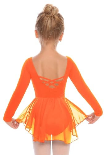Beyove Ballettkleidung Mädchen Rückenfrei Baumwolle Ballettkleid Balletttrikot Langarm Balletttrikot Tanzkleid Tanzbody Kinder mit Chiffon Rock Tütü Orange 130