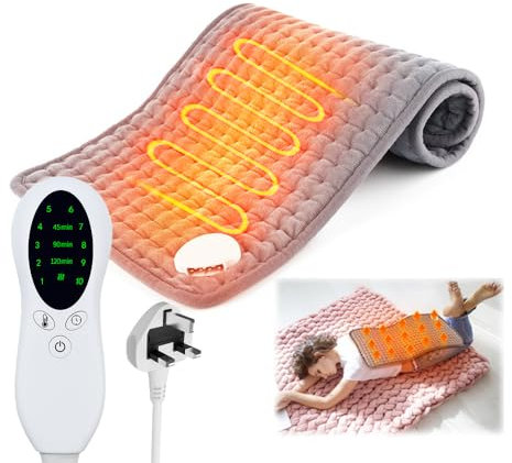 XPJBKC Heat Pads, 30 × 60cm Heat Pads for Back Pain Relief, Electric Heat Pad with Auto Shut Off, 10 Temperature Settings and 3 Timing Settings, LCD Display, Machine Washable, Gray