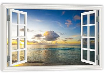 Decorazione artistica da parete effetto finestra 3D,Opera d'arte moderna su tela con vista sul mare,Effetto Finestra 3d Quadro Finta Finestra da Parete su tela 45x30cm(18x12in)Struttura interna