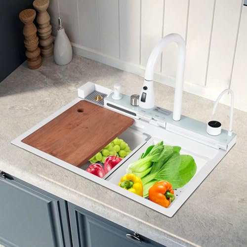 Fregaderos de cocina digitales en cascada, fregaderos multifuncionales con pantalla digital, varios tipos de salida, color blanco, para balcones, apartamentos, cocinas, cafés (68 x 46 x 22 cm)